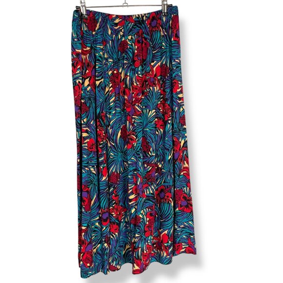 Vintage Skirt Tropical Floral Elastic Waistband Blue Red Eclectic Maximalist 80s - Picture 2 of 8